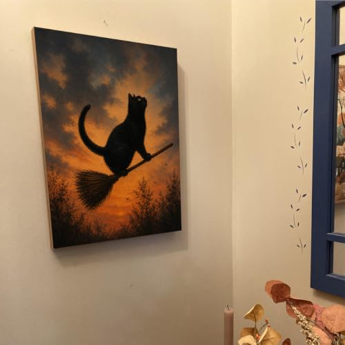 Halloween Wall Art Framed Canvas Print Black Cat Broom - Variation of THIS listing
