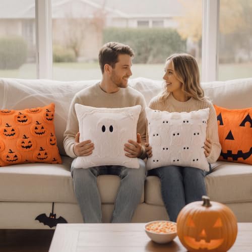 Halloween Ghost Pumpkin Pillow Covers Set 18x18 Inch Faux Fur Decor
