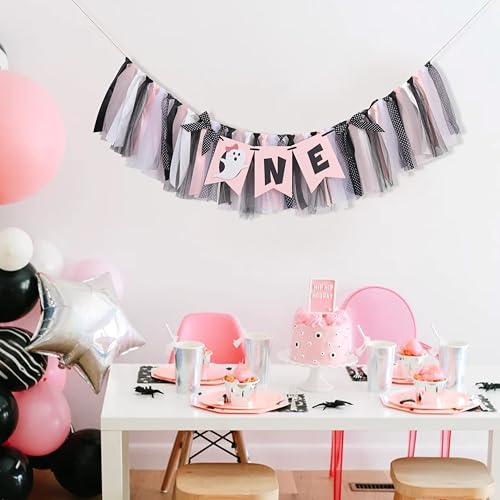 Pink and Black Halloween First Year Birthday Highchair Banner with Ghost Theme and Bows