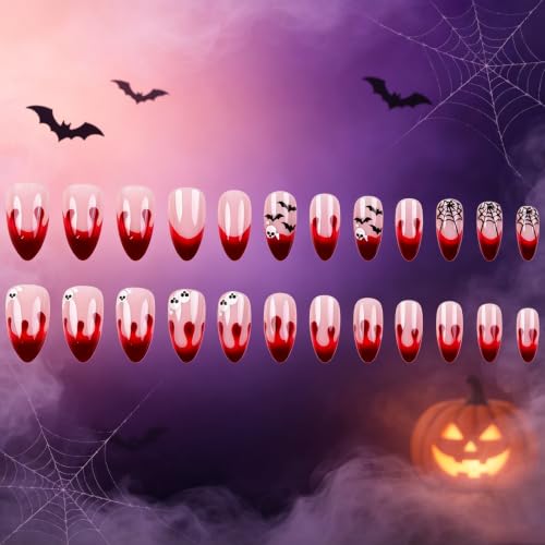 Halloween Fake Nails Set - Medium Almond Nude Blood Red Bat Skull 35 Variations