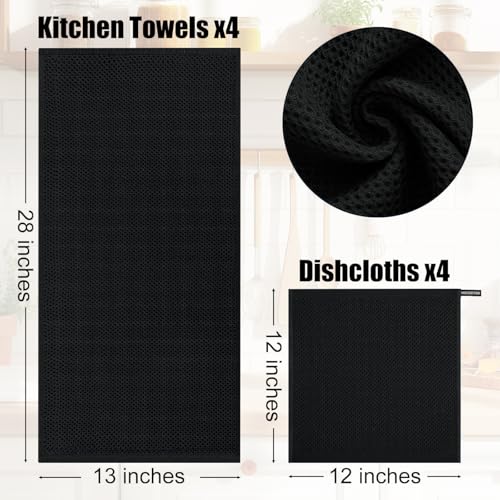 Kitchen Towels and Dishcloths Set - 8 Pack, 100% Cotton, Black - Variation of THIS listing