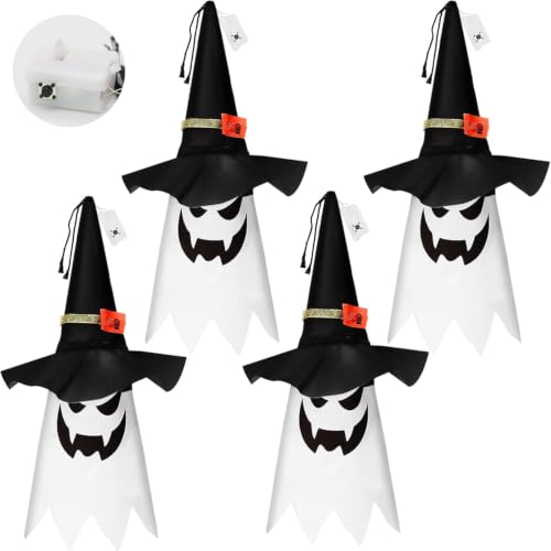 Lighted Hanging Ghost Witch Hat Decoration for Halloween Yard and Porch - Spooky Outdoor Decor