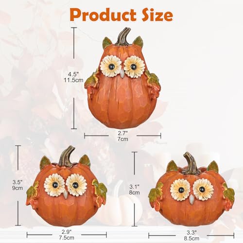 Fall Pumpkin Decor Small Fake Pumpkins with Owl Face - Orange Resin Set of 3
