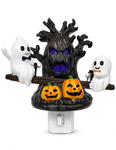 Ghost Tree Night Light - Halloween Spooky Tree & Ghost Plug-In Nightlight - Purple LED Decor