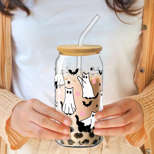 Halloween Glass Cups with Lids & Straws - Black Cat Design, 6 Pack, 16oz, Halloween Cats Variation