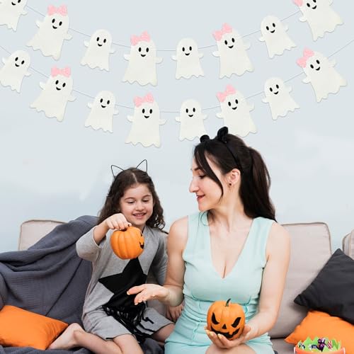 Halloween Ghost Garland Banner - Pink & White Glitter Halloween Decorations - 16 ft Set