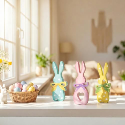 Wooden Easter Bunny Decor Set - Pastel Polka Dot Spring Holiday Ornament
