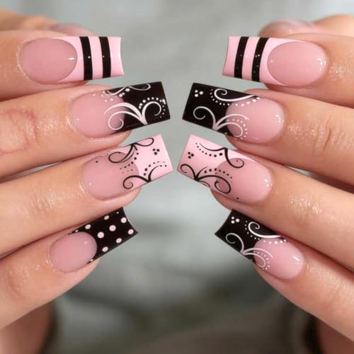 Pink Press On Nails Medium Length Square Black French Tip Vine Design - Variation A62