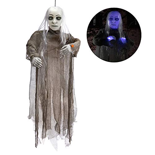Animated Hanging Ghost Girl Halloween Decor - Glowing Head & Creepy Sounds, 48 Inch with Gray Variation