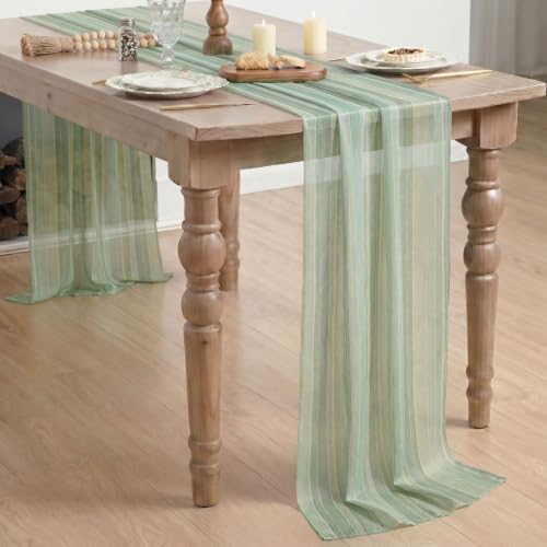 Green Stripe Chiffon Table Runner 28x120 Inch Spring Kitchen Dining Decor