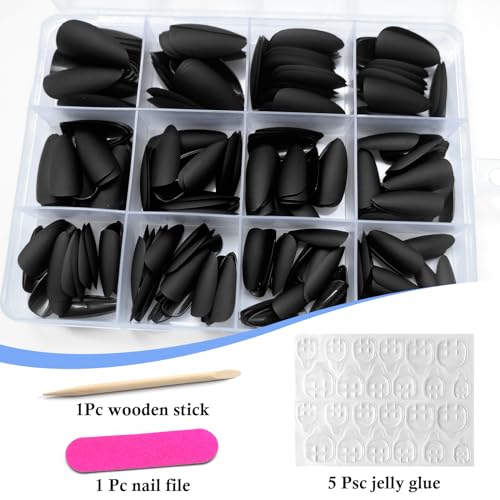 Lifextol Black Almond Press-On Nails Kit - Medium Length Fake Nails with Glue & Tools, Variation: Black