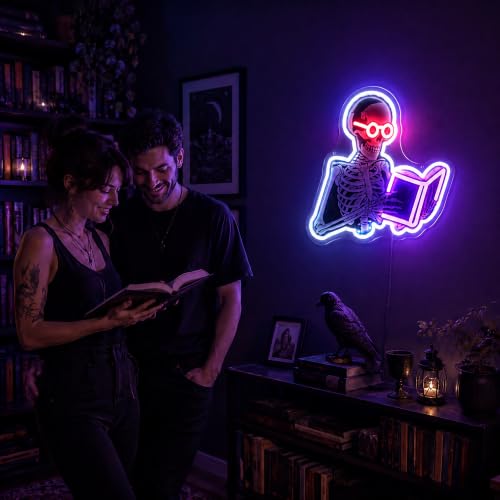 Reading Skeleton Neon Sign - Spooky Book Lover Wall Decor, Halloween Neon Light