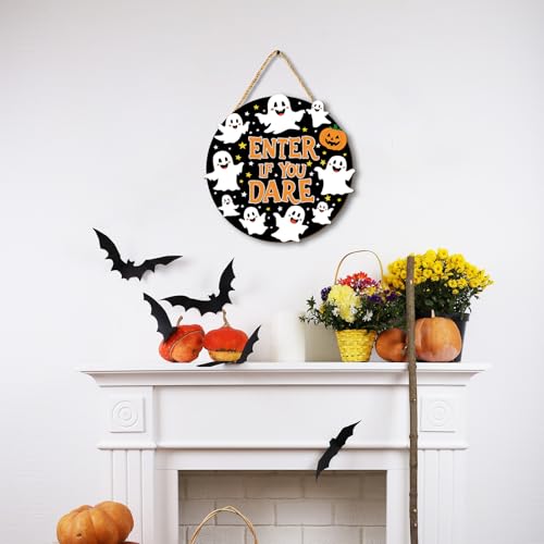 Halloween Wall Decor Sign - Enter If You Dare Wooden Ghost & Pumpkin Set