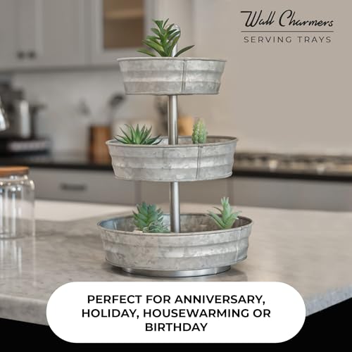 WallCharmers Galvanized Metal 3-Tier Serving Tray - 18 Inch Kitchen Decor