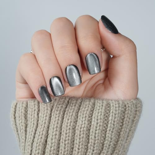 SEEWEE Cat Eye Black Press On Nails Short Square - Silver Nocturne Variation