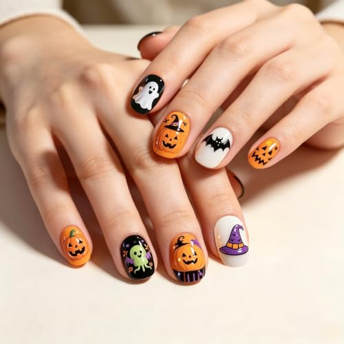 Halloween Press On Nails - Cute Short Oval Glossy Fake Nails with Variation Halloween Nails-011