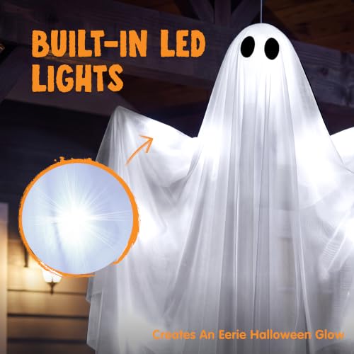 Halloween Light-Up Flying Ghost Decorations - 2 Pcs, 47 Inch, Cold White, Outdoor Indoor Haunted House Prop
