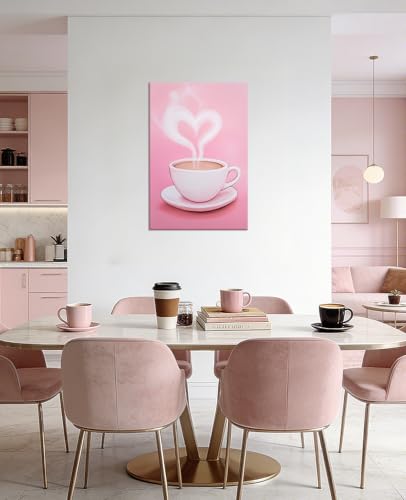 Pink Coffee Wall Art Canvas Prints 12x18 Inch Kitchen Decor with Heart & Cappuccino - Pink Variation A