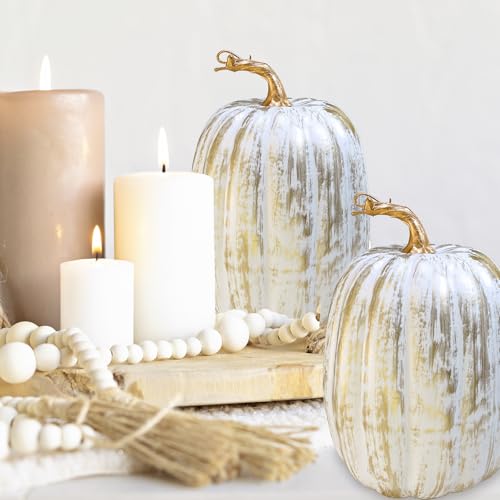 Artificial Pumpkins Set - Gold Brush White Faux Fall Decor, 8.7" - Autumn Wedding & Holiday Table Centerpieces