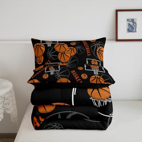 Basketball Pattern Comforter Set Queen Size - Black Orange Kids Bedroom Bedding with Pillowcases