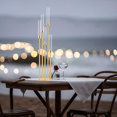 Gold Candelabra Centerpiece with 5 Arms & Lampshades - 42" Tall, Holder Only - Wedding & Home Decor