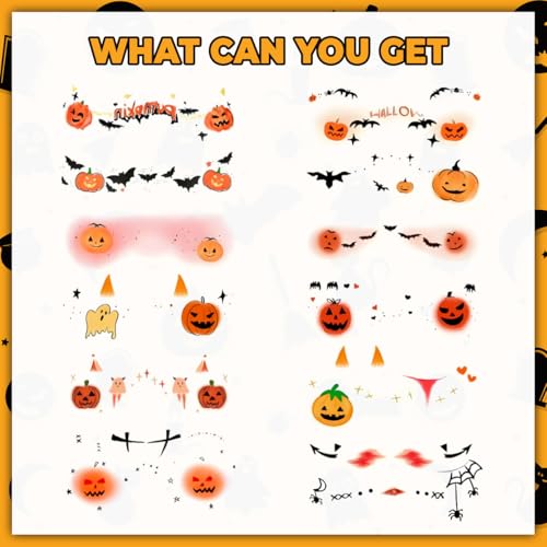 Halloween Face Tattoos - 12 Pack Kids Makeup Stickers with Pumpkin & Spooky Designs - Variation C