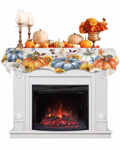Fall Fireplace Mantel Scarf - Orange Blue Pumpkin Sunflower Rustic Decor 90 x 17 Inches - Fall Variation