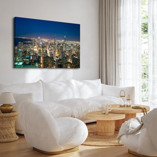 Chicago Skyline Wall Art Canvas - Night View Panorama for Office & Home 48"L x 32"W - Variation of Nightview02