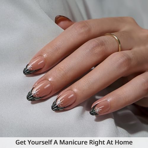 Press On Nails Kit - Black Almond French Tip, 32 Pcs with Gel Glue & Tools - Midnight Spark Variation