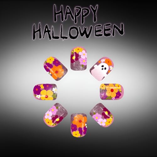 Halloween Press On Nails Short Square Fake Nails with Ghost & Spider Web Design - Variation 1