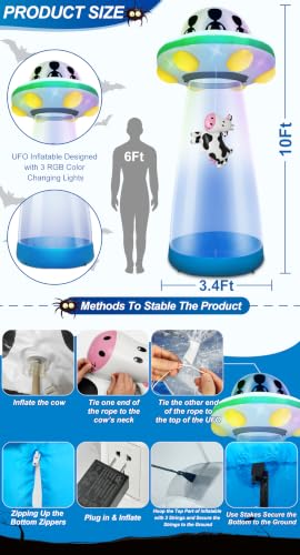 Tall Halloween Inflatable UFO Cow Abduction Decoration - 10 Ft with RGB Lights