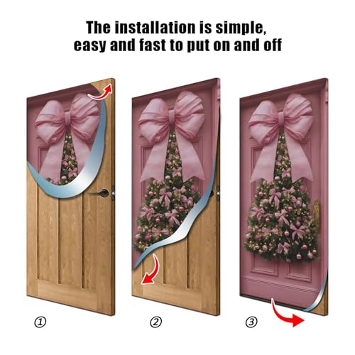 Pink Bow Christmas Door Cover - Stretch Fabric Holiday Porch Decor 35x79 in (Variation of THIS listing)
