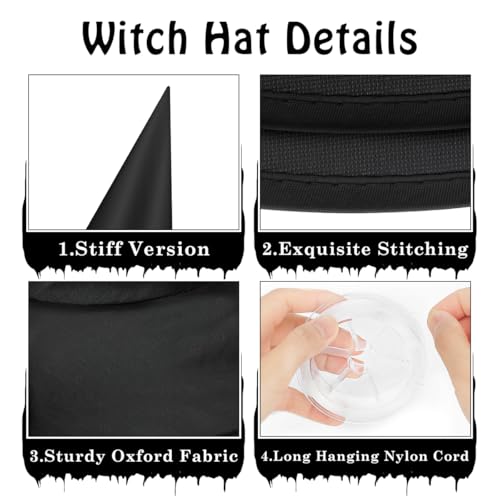 15 Pcs Halloween Black Witch Hats Set with Hanging Rope - Decorative Costume Accessories