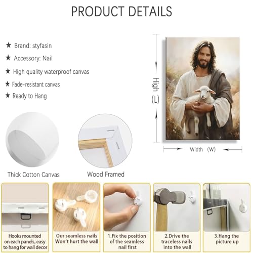 Jesus and Lamb Canvas Wall Art - Wrapped 24"L x 16"W Christian Religious Decor