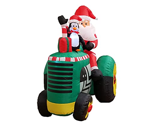 5.3 Ft Inflatable Christmas Santa Driving Tractor with Penguin Outdoor Decor