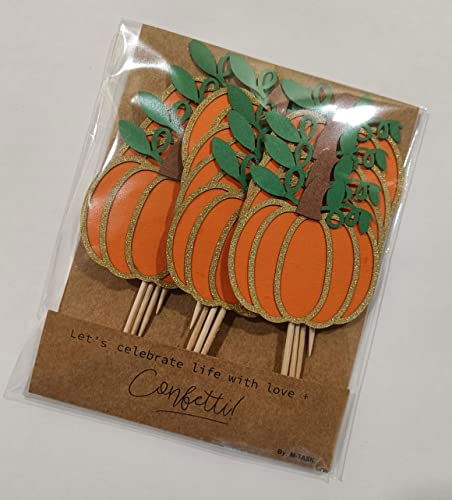 Fall Pumpkin Cupcake Toppers - 12 Glitter Pumpkin Party Decorations