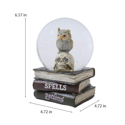Halloween Snow Globe Owl Skull Decor - Gothic Resin Water Globe on Spell Book Base