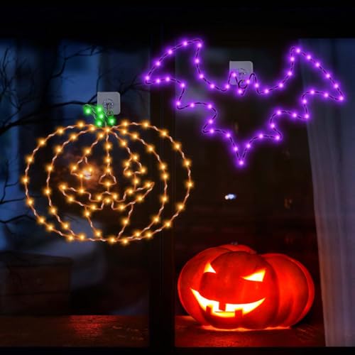 Halloween Bat & Pumpkin Window Lights - 8 Modes Battery & USB Operated Waterproof Decor