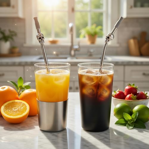 Skull Design Reusable Metal Straws 10.5'' Stainless Steel Drinking Set - Silver & Black