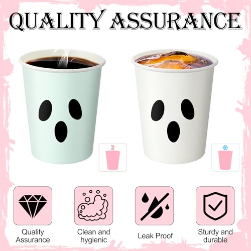 Pastel Halloween Ghost Face Paper Cups - 100 Disposable Party Drinkware with Variation Ghost Face
