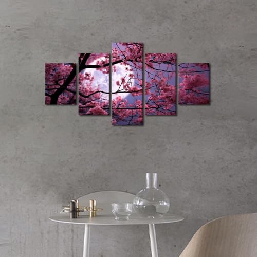Moonlit Sakura Tree Wall Art Canvas Print - Japanese Inspired Decor, 60x32 Inches - Variation of Artwork-04
