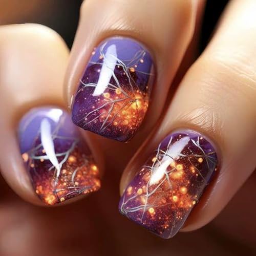 Halloween Short Square Press On Nails - Purple Orange Gradient Glitter - Variation 22