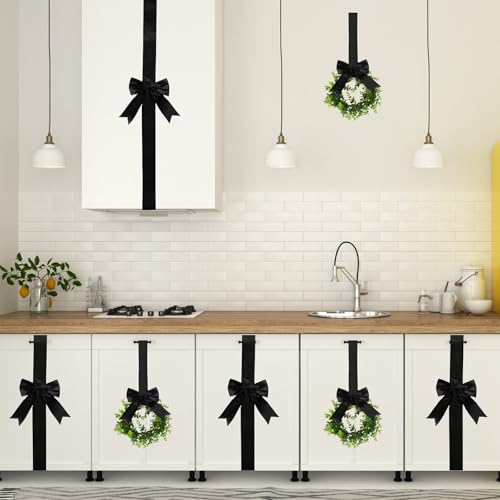 Black Christmas Door Wreaths & Bow Set - Holiday Decoration for Cabinets & Windows