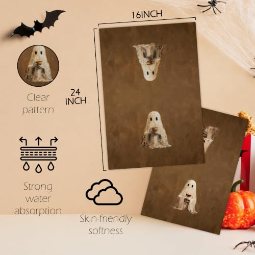 Halloween Ghost Coffee Bar Kitchen Towels Set of 2 - Rustic Whimsical Dishcloths - Ghost5 Variation