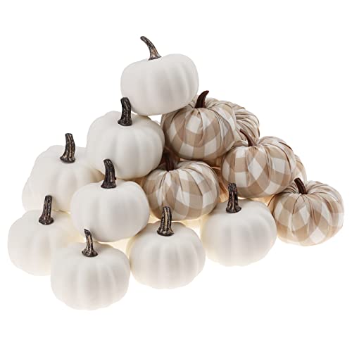 Artificial Mini Pumpkin Decor Set - Beige & White Gingham & Plain Pumpkins for Fall Halloween Thanksgiving