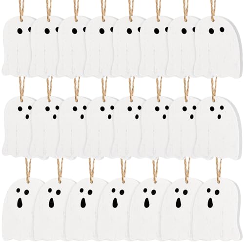 Halloween Ghost Tree Ornaments Set - White Wooden Ghost Decorations, 24 pcs, Farmhouse Holiday Decor