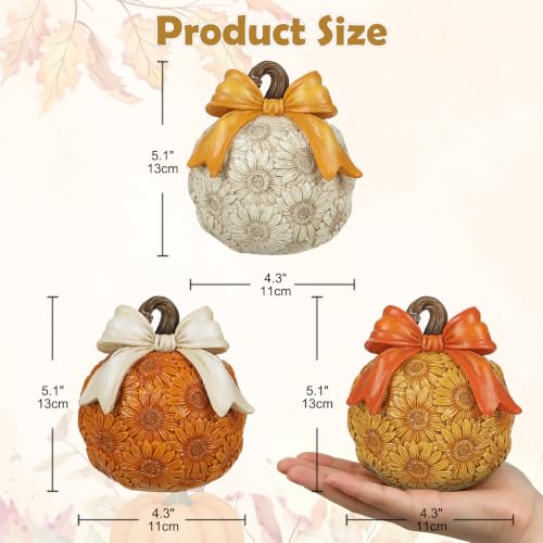 Fall Sunflower Pumpkin Decor Set - 3 Pack Artificial Autumn Pumpkins with Bows - White, Orange, Yellow