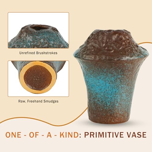Large Ceramic Flower Vase 6.3 Inch Weathered Terracotta Decorative Vase - Rust-Blue