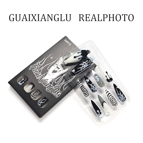 Halloween Press On Nails Long Stiletto Fake Nails with Designs - Spider Web & Ghost Style D24