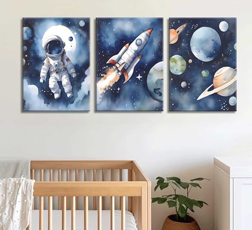 Nursery Space Wall Art - Astronaut Space Posters for Boys Room, 12x16 Blue Canvas Set of 3